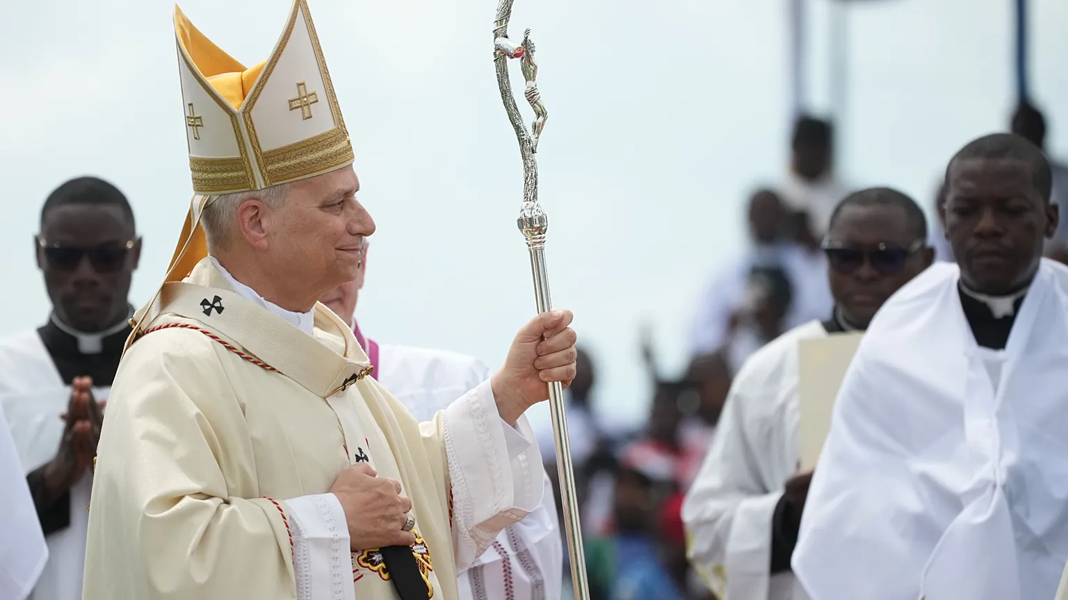 The Pope Leo XIV arrives in procession to celebrate Mass at Japoma Stadium in Douala, Cameroon, on Friday, 17 April 2026
