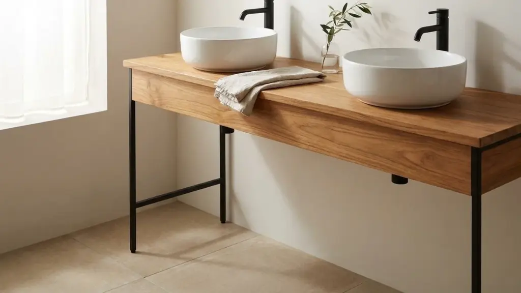 Adiós al mueble de baño de doble lavabo: el truco de la consola abierta