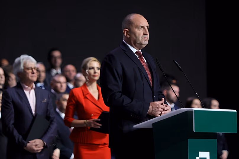 Former Bulgarian President Rumen Radev delivers a speech at the closing rally of his campaign, in Sofia, Thursday, April 16, 2026.