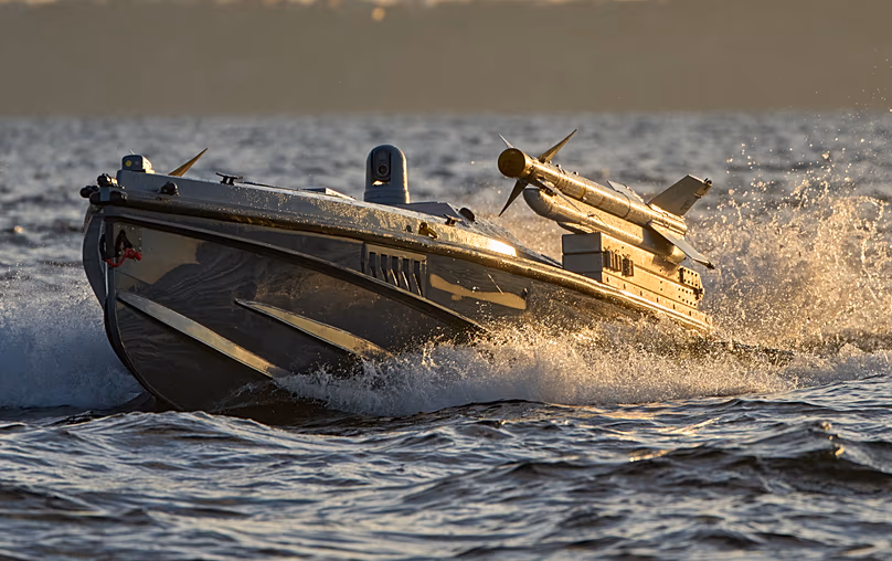 A sea drone Magura V7 of Ukraine's Defence Intelligence equipped with surface-to-air missiles rides in an undisclosed location in Ukraine, Saturday, Dec. 6, 2025