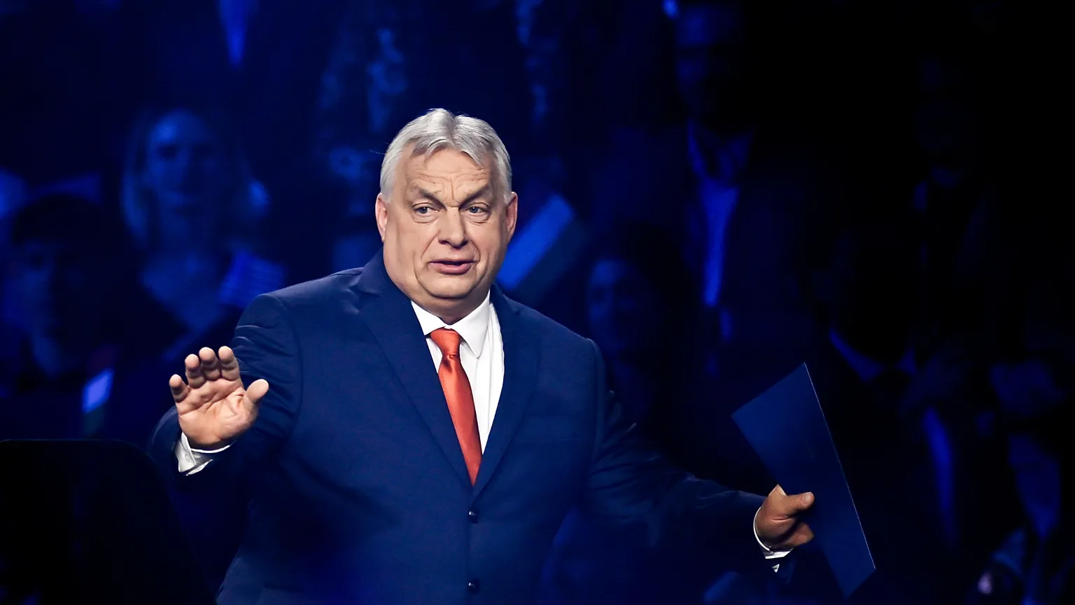 Hungary's Prime Minister Viktor Orban gestures during a pre-election rally in Budapest, Hungary, Tuesday, April 7