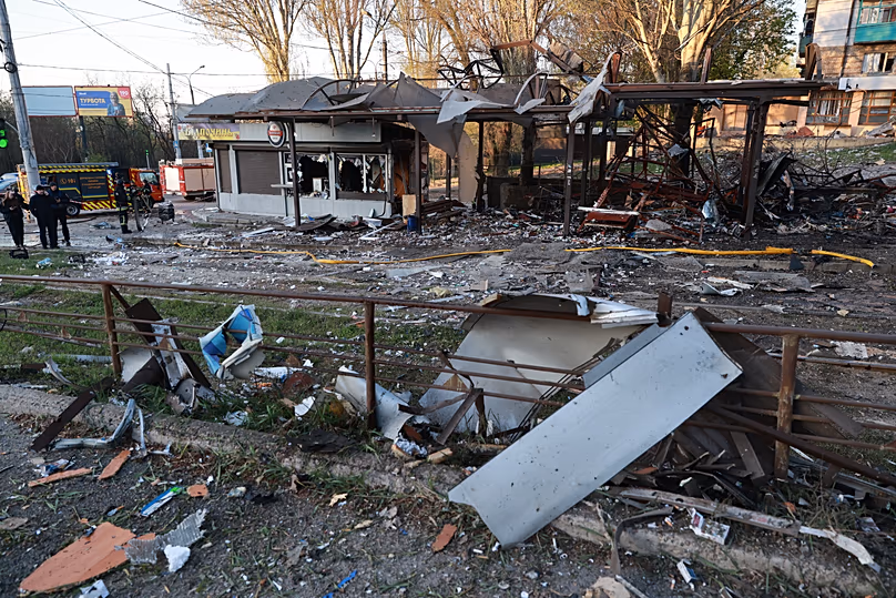 A public transport station destroyed by Russia's drone attack is seen in Zaporizhzhia, 15 April, 2026