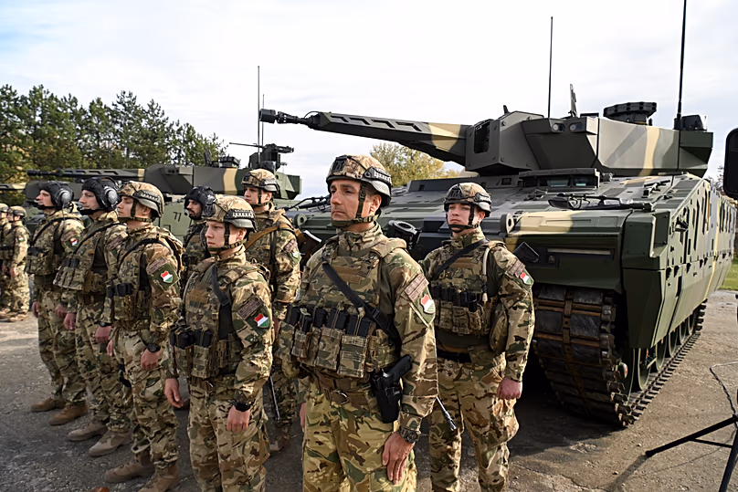 Hungarian soldiers attend the opening ceremony of the Adaptive Hussars 2023 military exercise in Hódmezővásárhely, 7 November, 2023