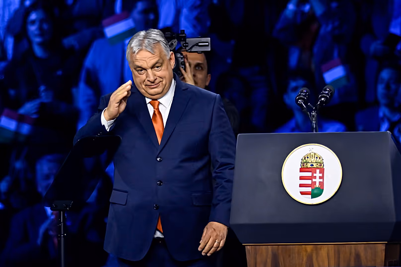 Hungary's Prime Minister Viktor Orbán salutes the audience during a pre-election rally in Budapest, Hungary, 7 April 2026.