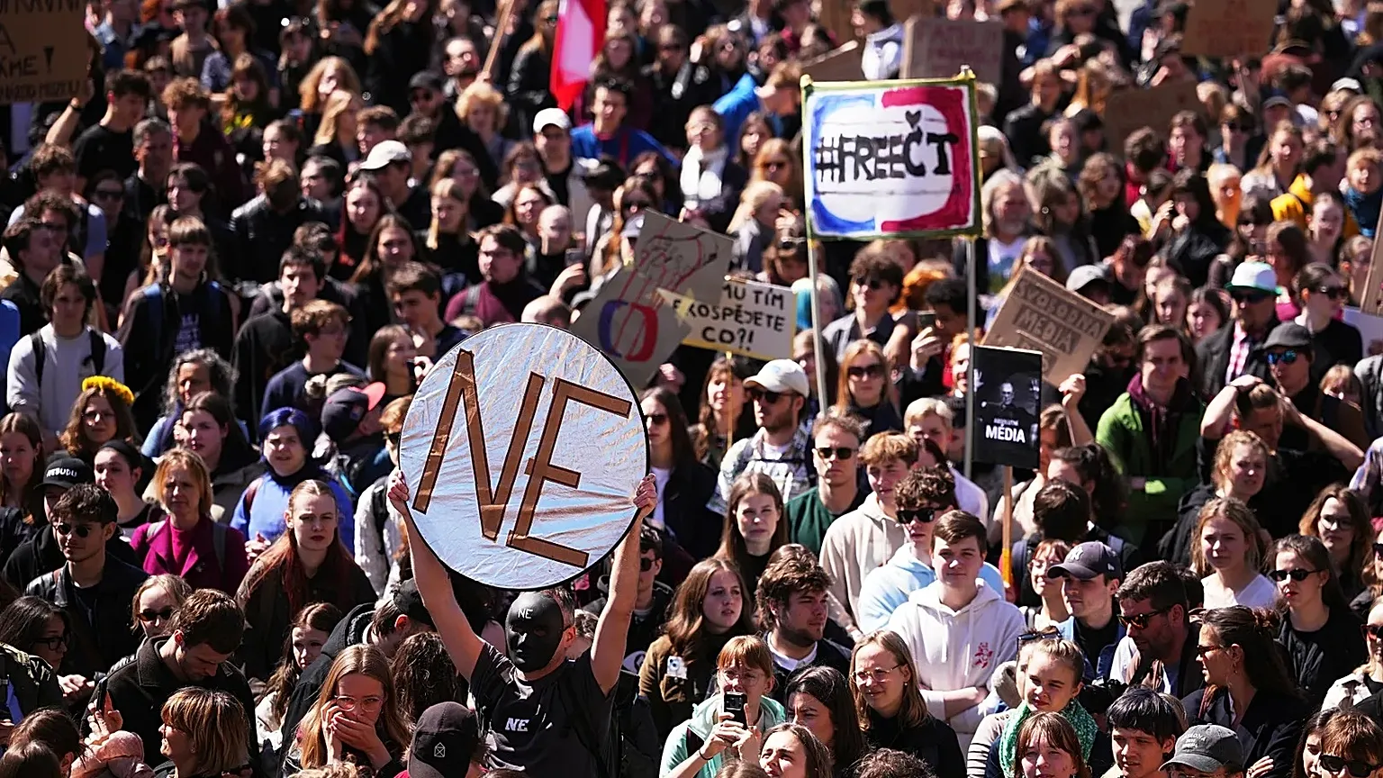 Thousands of students attend a demonstration in support of public media in Prague, 22 April, 2026