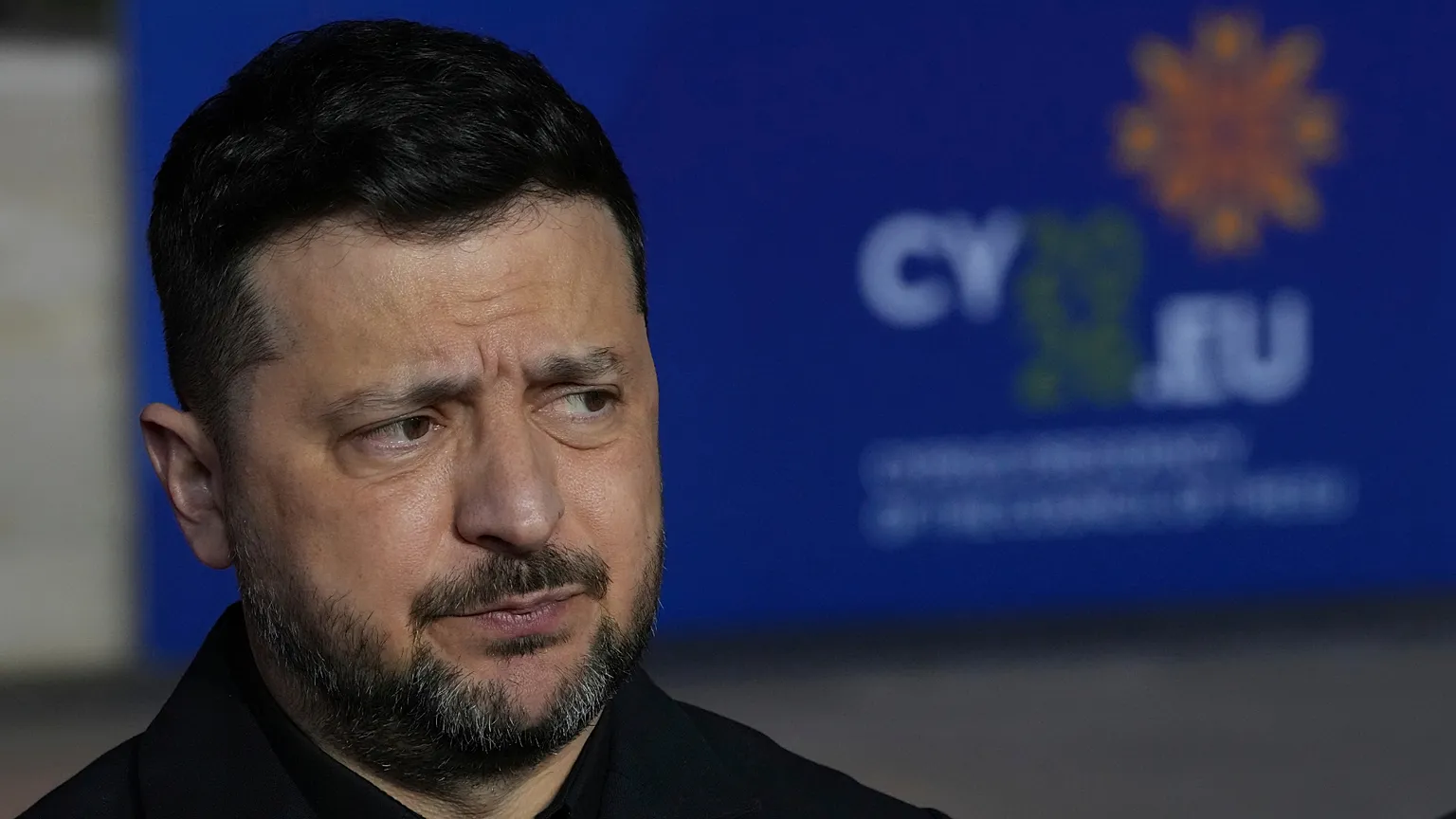 Ukraine's President Volodymyr Zelenskyy makes statements as he arrives for the EU Summit in Ayia Napa, Cyprus, Thursday, April 23, 2026.