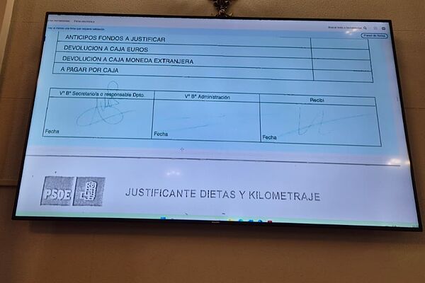 Una hoja de liquidación de gastos del PSOE exhibida por la defensa de Koldo.