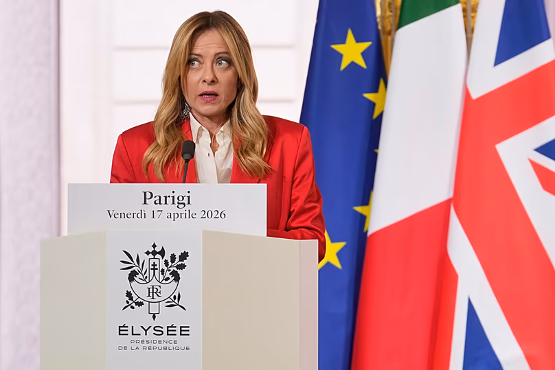 Italian Premier Giorgia Meloni gives a statement after an international summit to push forward efforts to reopen the Strait of Hormuz in Paris, 17 April, 2026