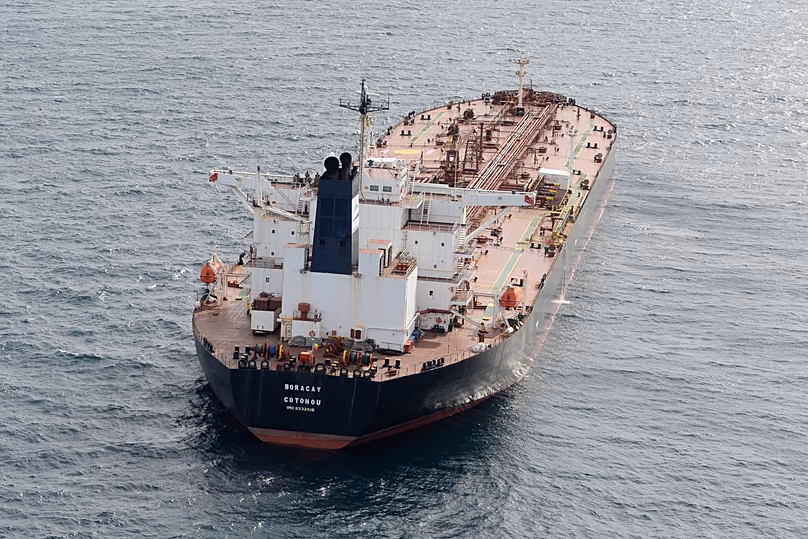 The tanker Boracay that allegedly belongs to Russia's so-called shadow fleet, is seen Thursday, Oct. 2, 2025, off Saint-Nazaire, France's Atlantic coast. 