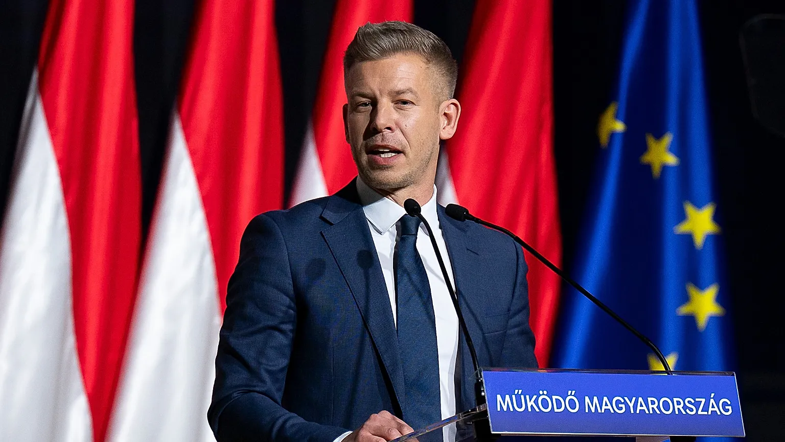 Péter Magyar speaks during the party's campaign opener. Budapest, Hungary on Sunday, Feb. 15, 2026..