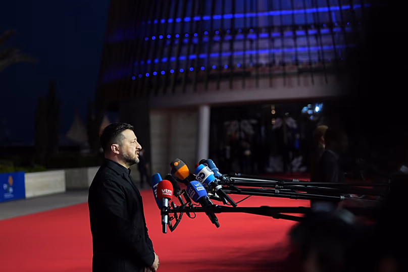 Ukraine's President Volodymyr Zelenskyy makes statements as he arrives for the EU Summit in Ayia Napa, 23 April, 2026