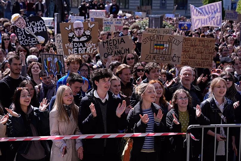 Thousands of students attend a demonstration in support of public media in Prague, 22 April, 2026