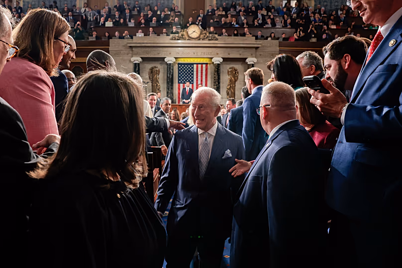 Britain's King Charles III leaves after addressing a joint meeting of Congress in the House Chamber at the U.S. Capitol, Tuesday, April 28, 2026, in Washington. 