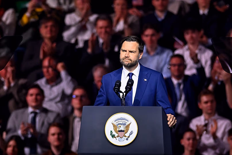 U.S. Vice President JD Vance speaks during a pre-election rally in Budapest, Hungary, Tuesday, April 7, 2026