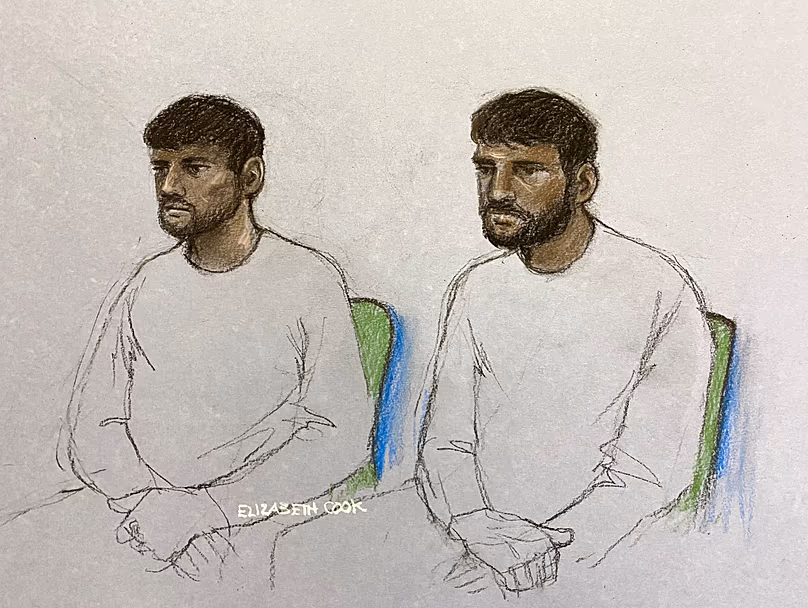 A court sketch of Hamza Iqbal, right, and Rehan Khan appearing in the dock at the Old Bailey, 24 April, 2026
