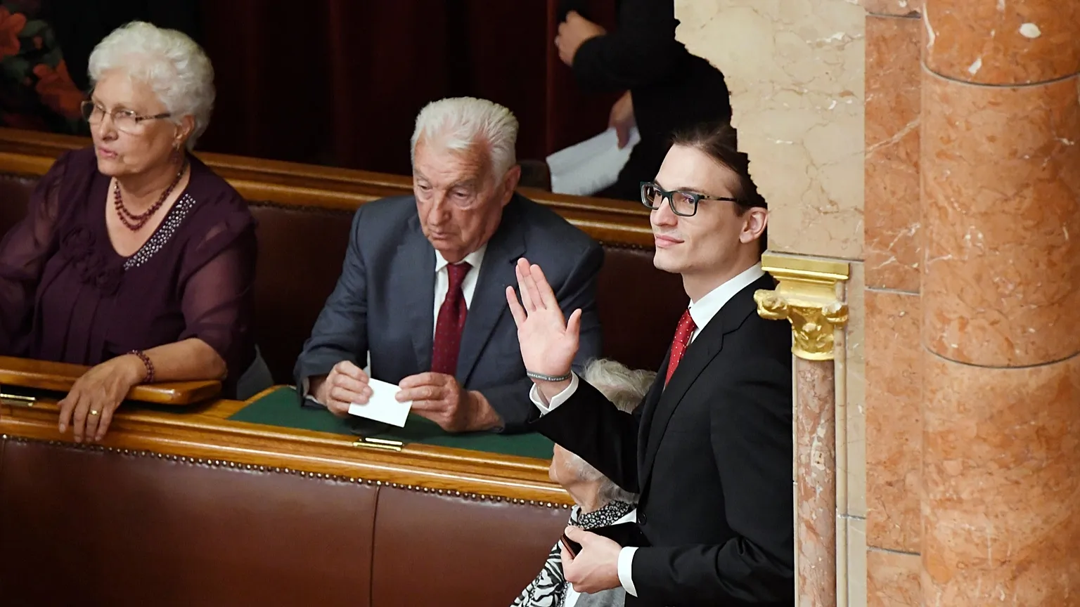 Viktor Orbán's mother, Mrs Győző Orbán, his father Győző Orbán and his son Gáspár Orbán at the plenary session of the National Assembly on 10 May 2018