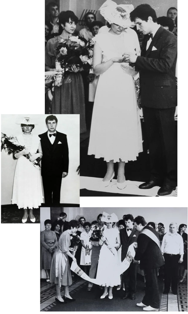 Collage de distintas foto de la boda de Iryna y Serhiy, ocurrida horas después del accidente en la planta de Chernóbil.