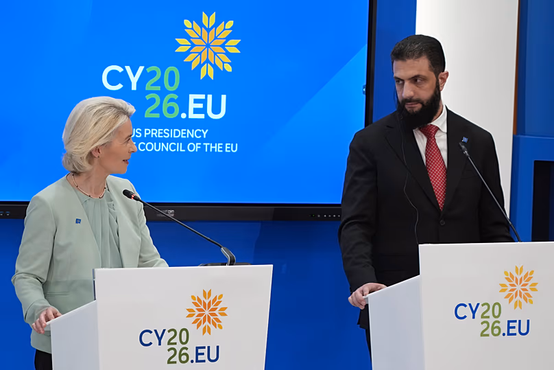 European Commission President Ursula von der Leyen and Syrian President Ahmad al-Sharaa join a press conference in Nicosia, 24 April, 2026