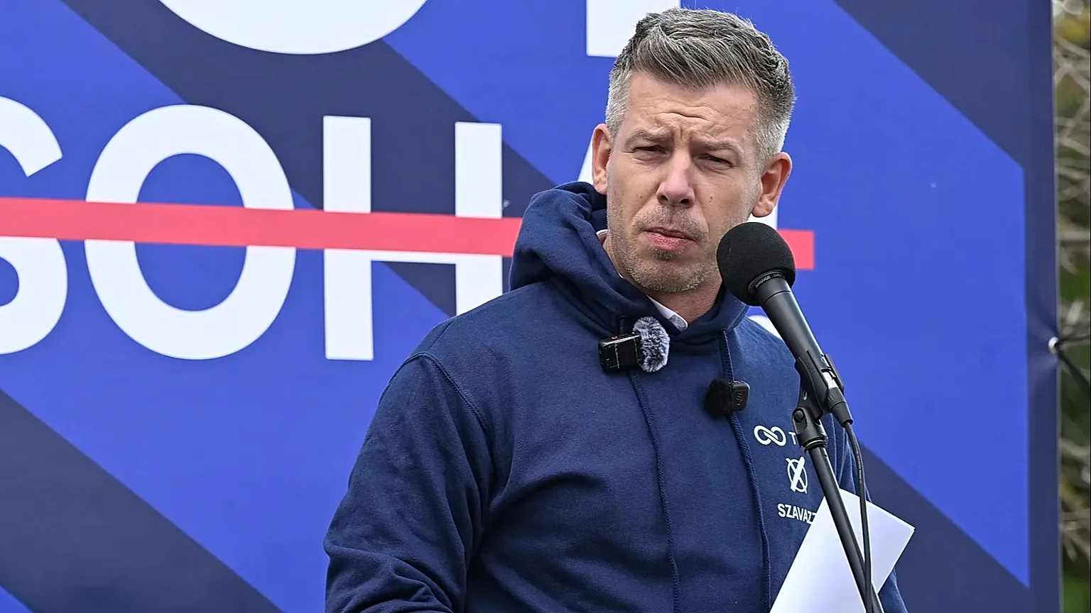 President of the opposition Tisza Party Peter Magyar speaks during a campaign stop in Velence, Hungary, Thursday, March 12, 2026. (Zoltan Mathe/MTI via AP)