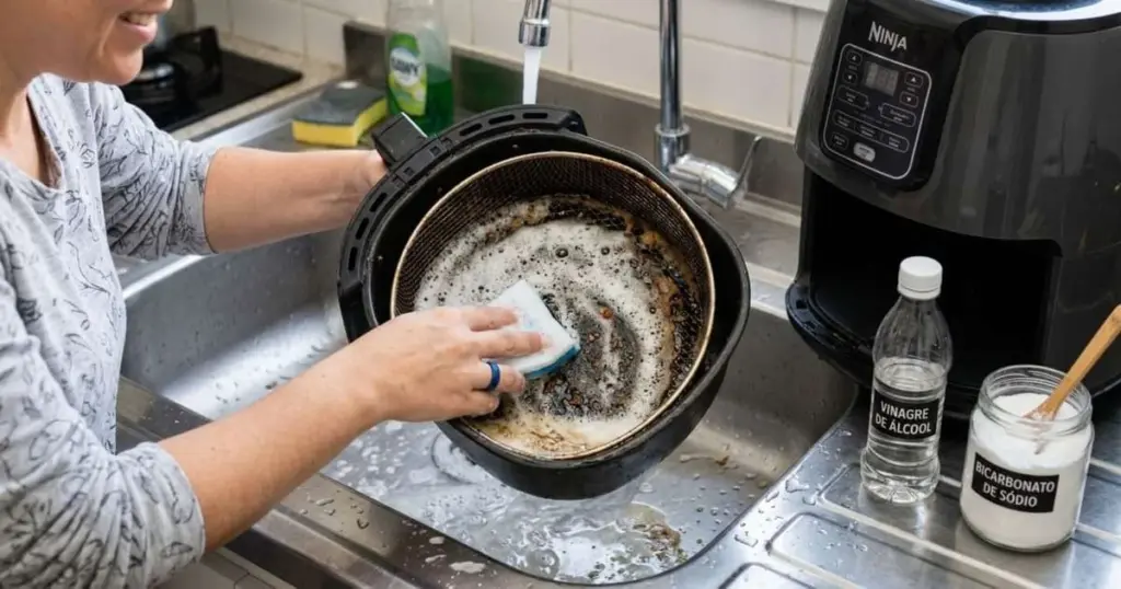 El truco infalible con vinagre y bicarbonato para limpiar tu freidora de aire en minutos
