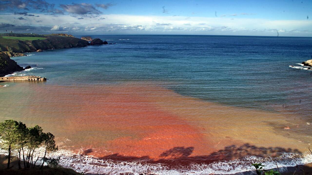 Foto: El tono rojizo del agua en esta cala del norte refleja los restos de una antigua explotación de hierro activa durante más de un siglo. (infoplayas.es)