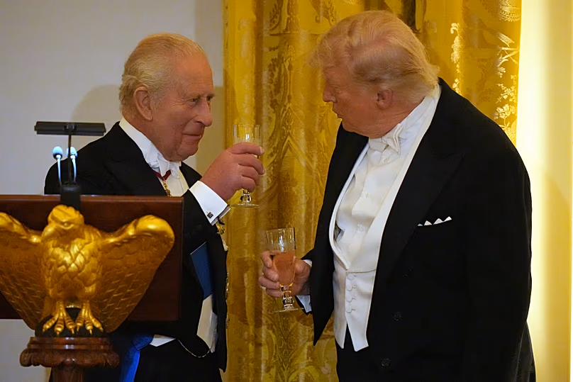 Britain's King Charles III toasts with President Donald Trump during a State Dinner in the East Room of the White House State Dinner Tuesday, April 28, 2026, in Washington.