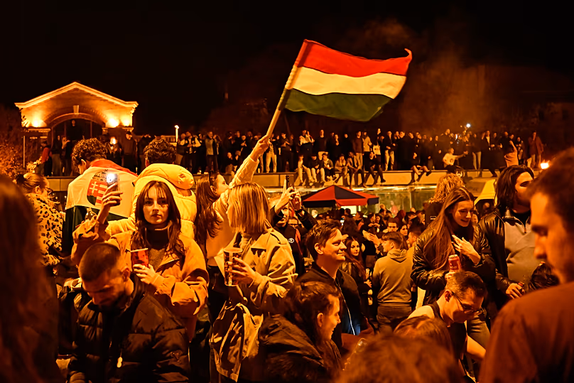 Youngsters celebrate after the elections in Budapest, 13 April, 2026