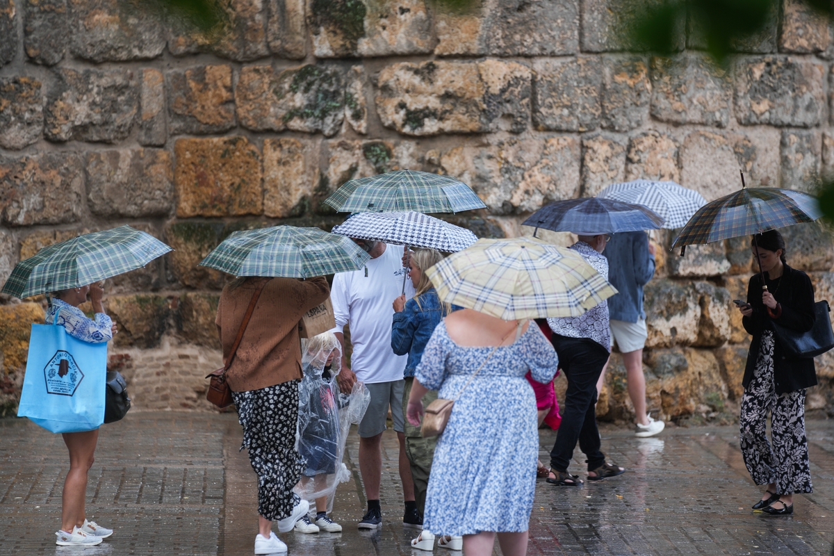 Imagen de archivo de transeúntes protegidos con paraguas durante las fuertes lluvias, a 19 de junio de 2024, en Sevilla (Andalucía, España). (María José López/Europa Press)