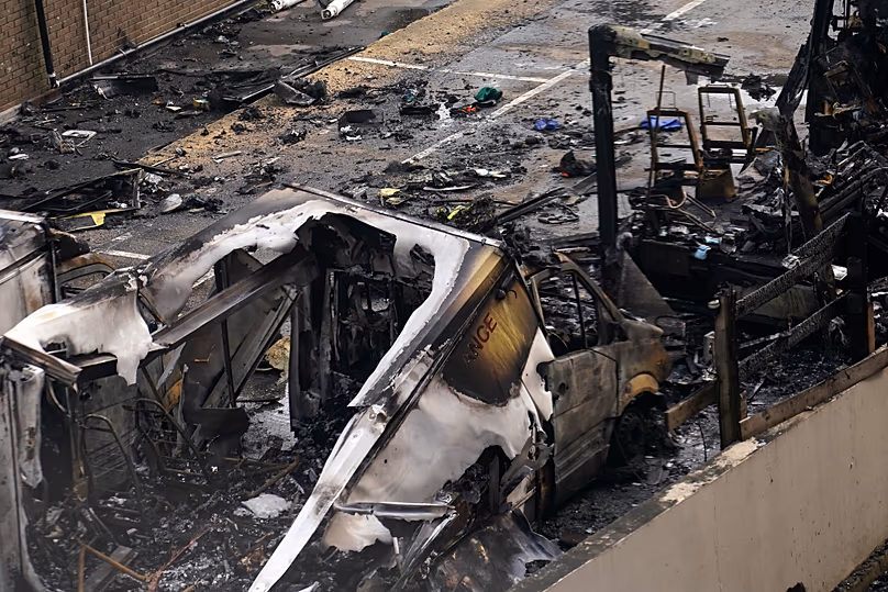 View of burnt ambulances in a car park at Golders Green in London, 23 March, 2026