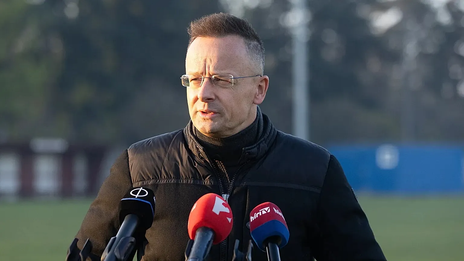 Hungarian Foreign Minister Peter Szijjarto talks to media after casting his vote during the general election in Dunakeszi, Hungary, Sunday, April 12, 2026. (Zoltan Kocsis/MTI 