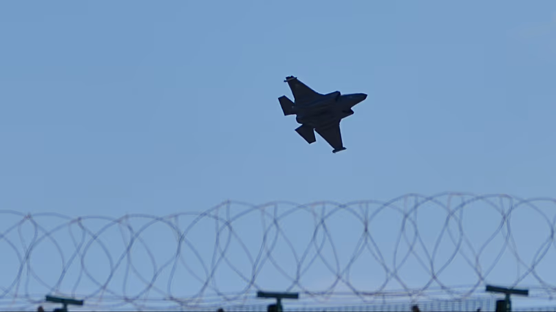 A fighter jet prepares for landing at the UK's RAF Akrotiri air base after it was hit by a drone strike early morning near Limassol in Cyprus. 2 March, 2026. 