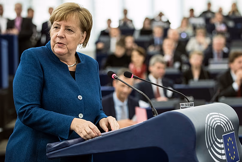 German Chancellor Angela Merkel debates the future of Europe with the members of the European Parliament, in Strasbourg, Nov. 13, 2018. (AP Photo/Jean-Francois Badias)