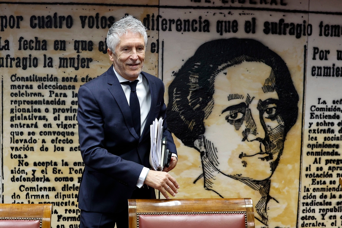 El ministro del Interior, Fernando Grande-Marlaska, toma asiento para comparecer ante la Comisión de Interior de la Cámara Alta, a petición del PP, este jueves en el Senado. (EFE/Chema Moya)