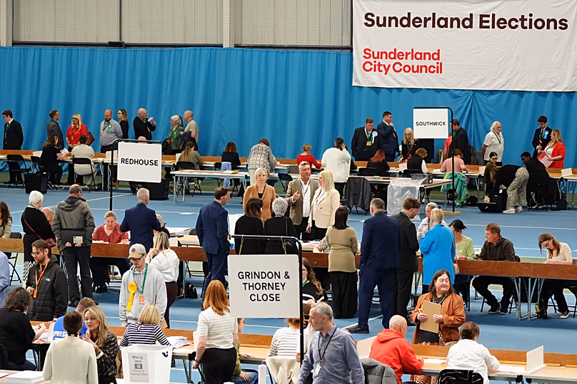 Votes are counted for the 2026 local elections at the Silksworth Sports Complex in Sunderland, 8 May, 2026