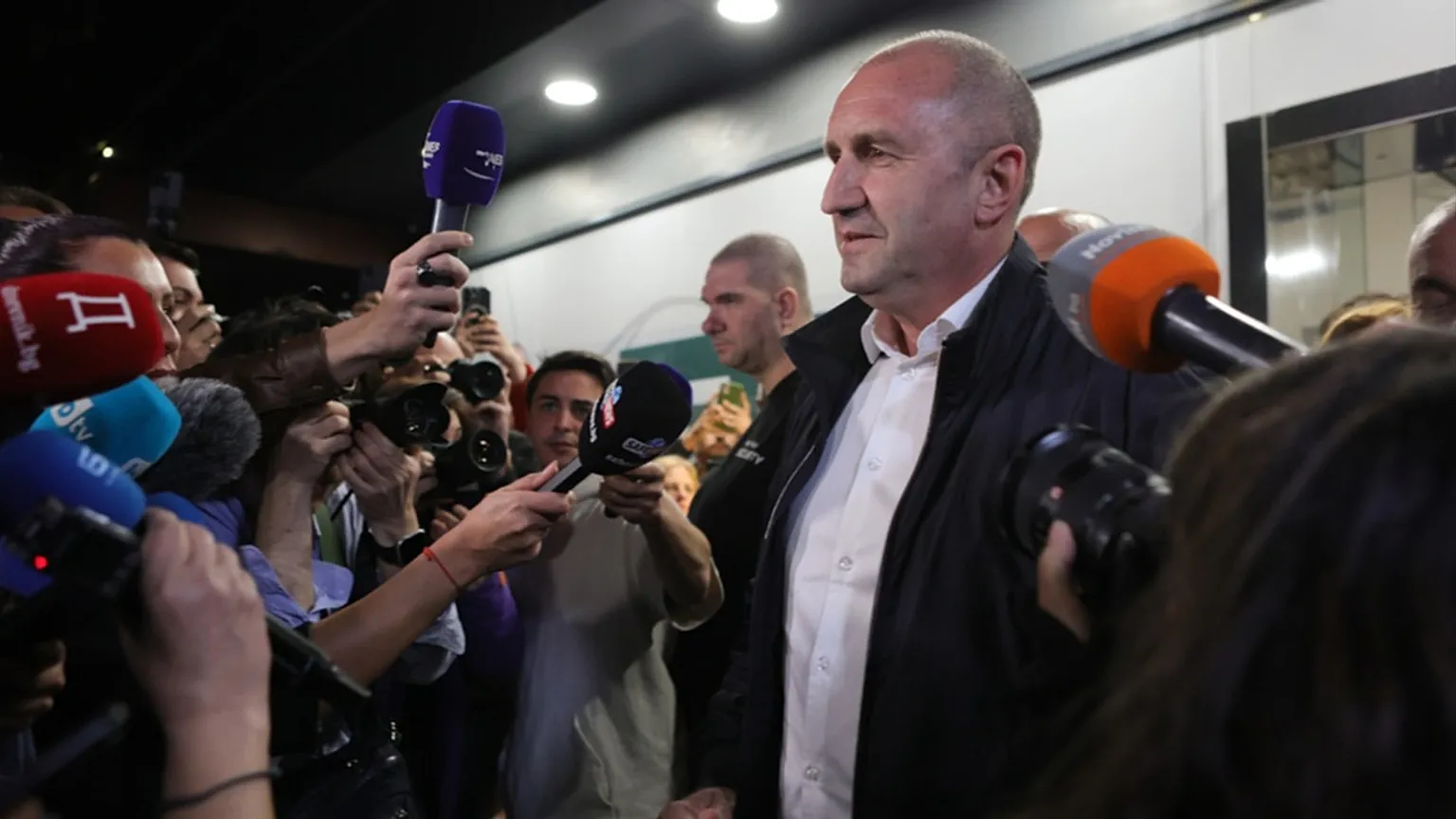 Former Bulgarian President Rumen Radev speaks to journalists after the polls closed in Sunday's election, in Sofia, Bulgaria, April 19, 2026