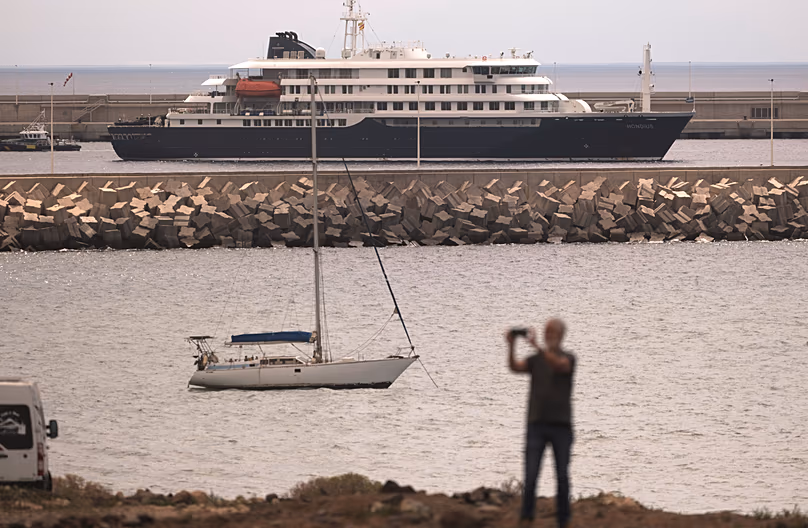 The hantavirus-striken cruise ship MV Hondius in the Granadilla Port of Tenerife, Spain
