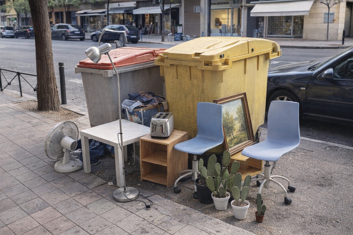 Objetos voluminosos desechados como muebles, electrodomésticos y plantas junto a contenedores de basura en una acera urbana con coches y edificios.