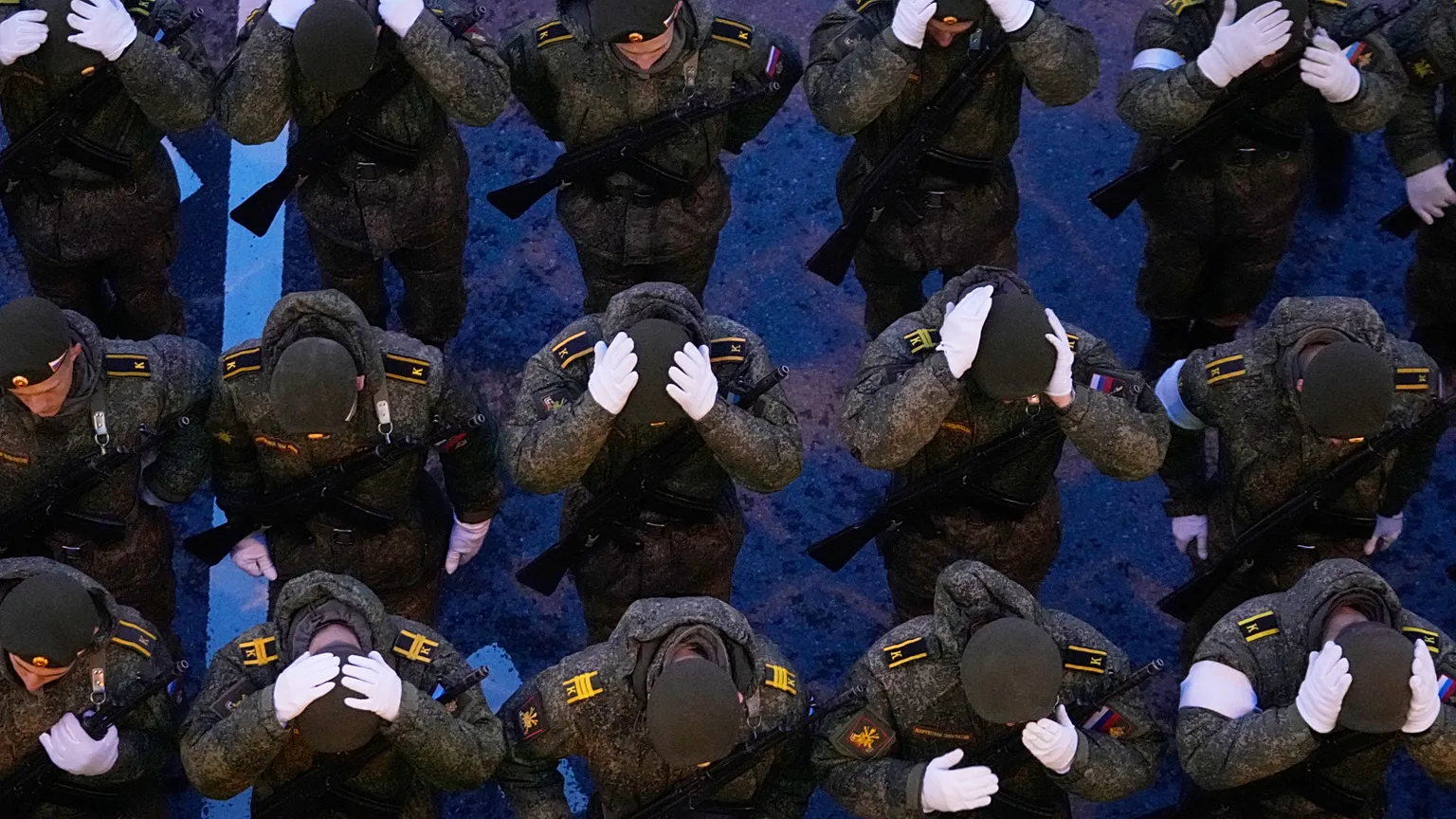Russian servicemen gather prior to the Victory Day military parade rehearsal in Moscow, Wednesday, April 29, 2026