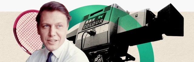 Collage gráfico con Attenborough en primer plano, una cámara de televisión BBC Colour TV y una raqueta de tenis.
