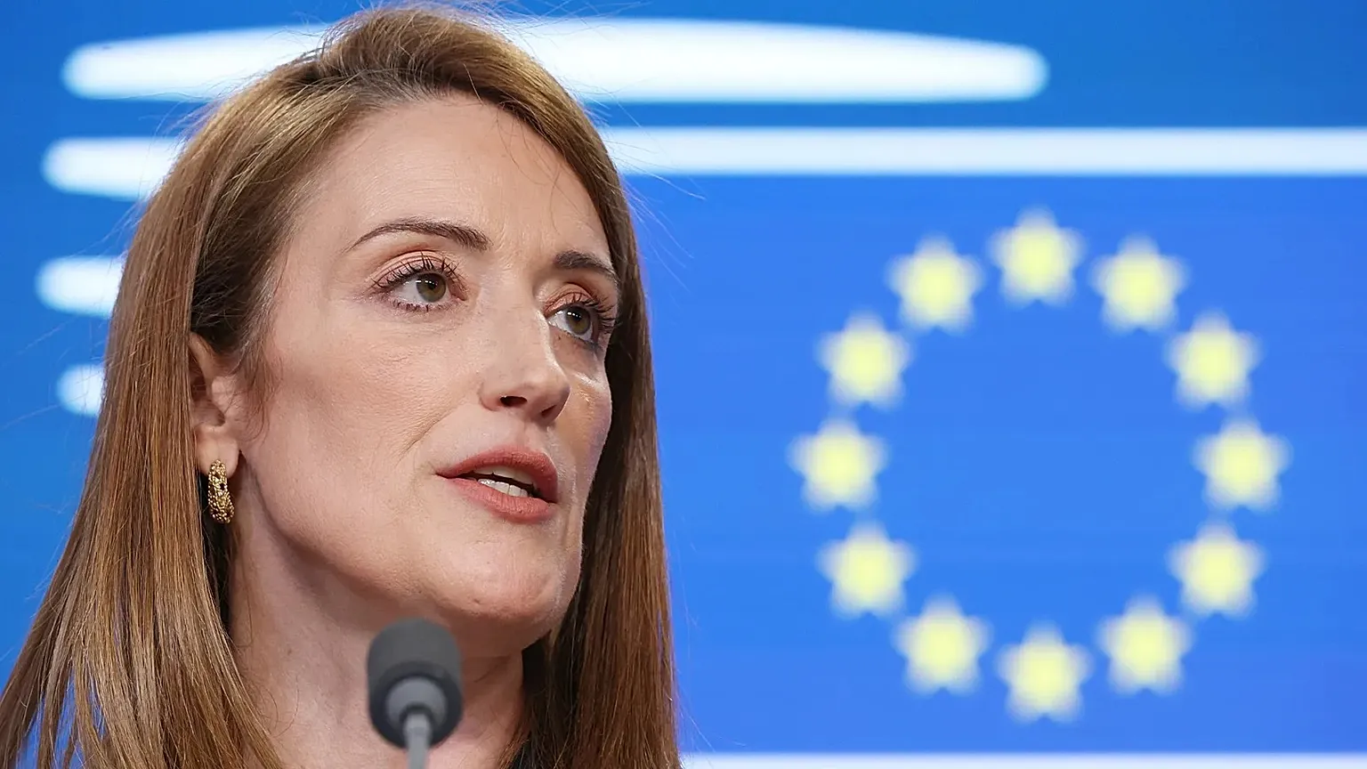 European Parliament president Roberta Metsola speaks to the media 