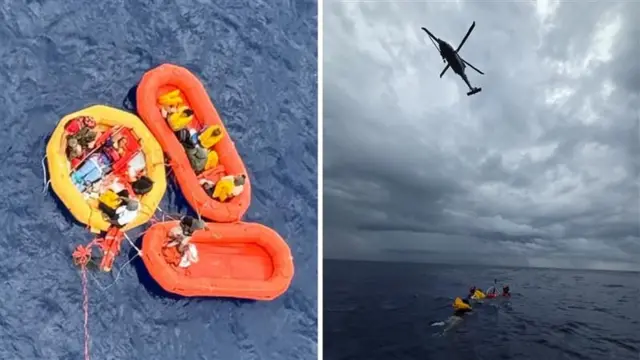 Dos imágenes: imagen de la izquierda de personas dentro de tres balsas flotantes de color naranja y amarillo sobre aguas azules, imagen de la derecha de nubes grises sobre un mar azul con personas en flotadores balanceándose en el agua.