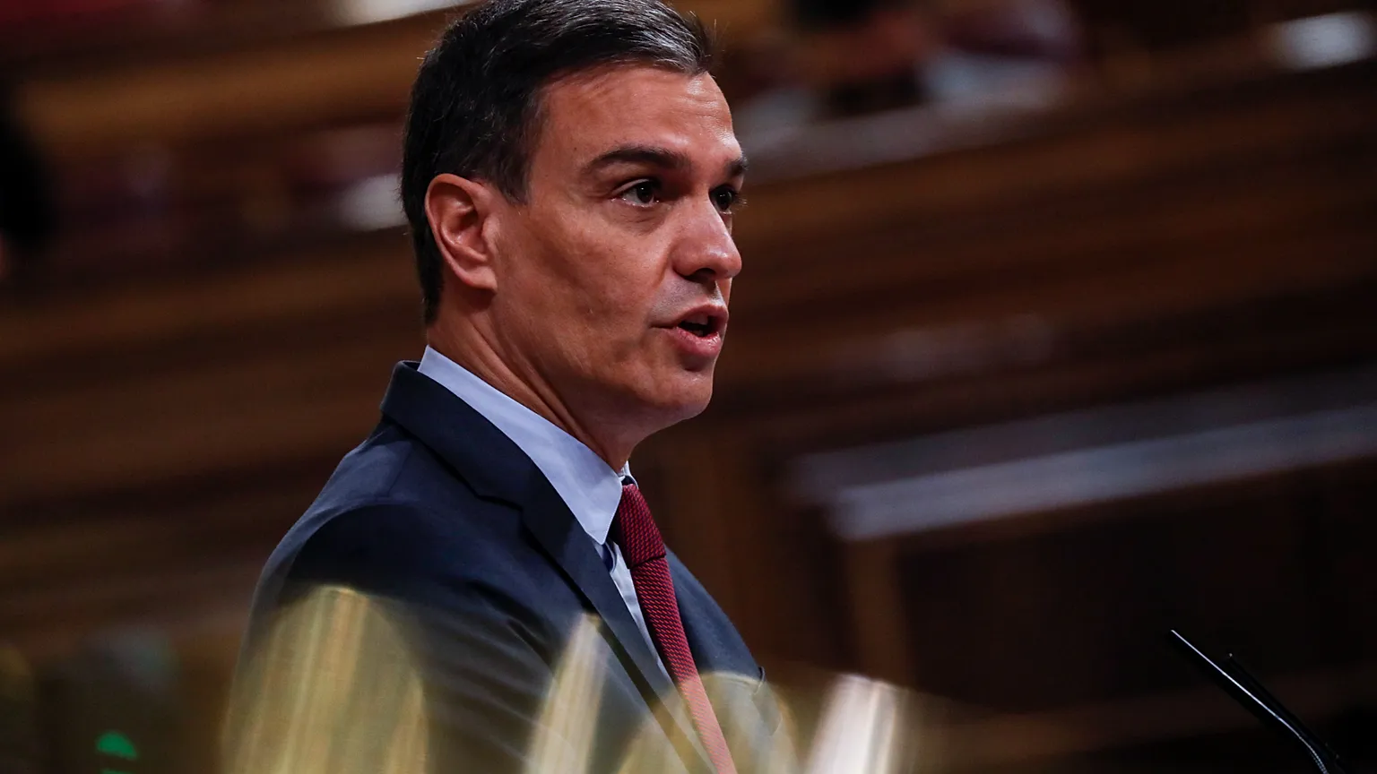 Spain's Prime Minister Pedro Sanchez speaks during a session at Parliament in Madrid, Spain, Wednesday June 30, 2021. 
