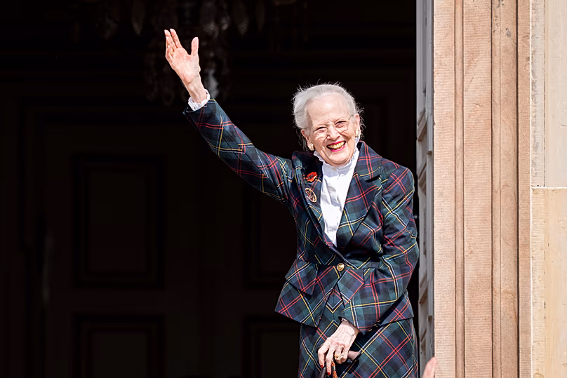 Queen Margrethe waves during her 85th birthday at Fredensborg Castle in Fredensborg, 16 April, 2025