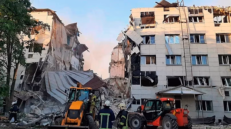 Dormitory of a university college building allegedly struck by Ukrainian drones in Starobilsk, Ukraine, Friday, May 22, 2026.