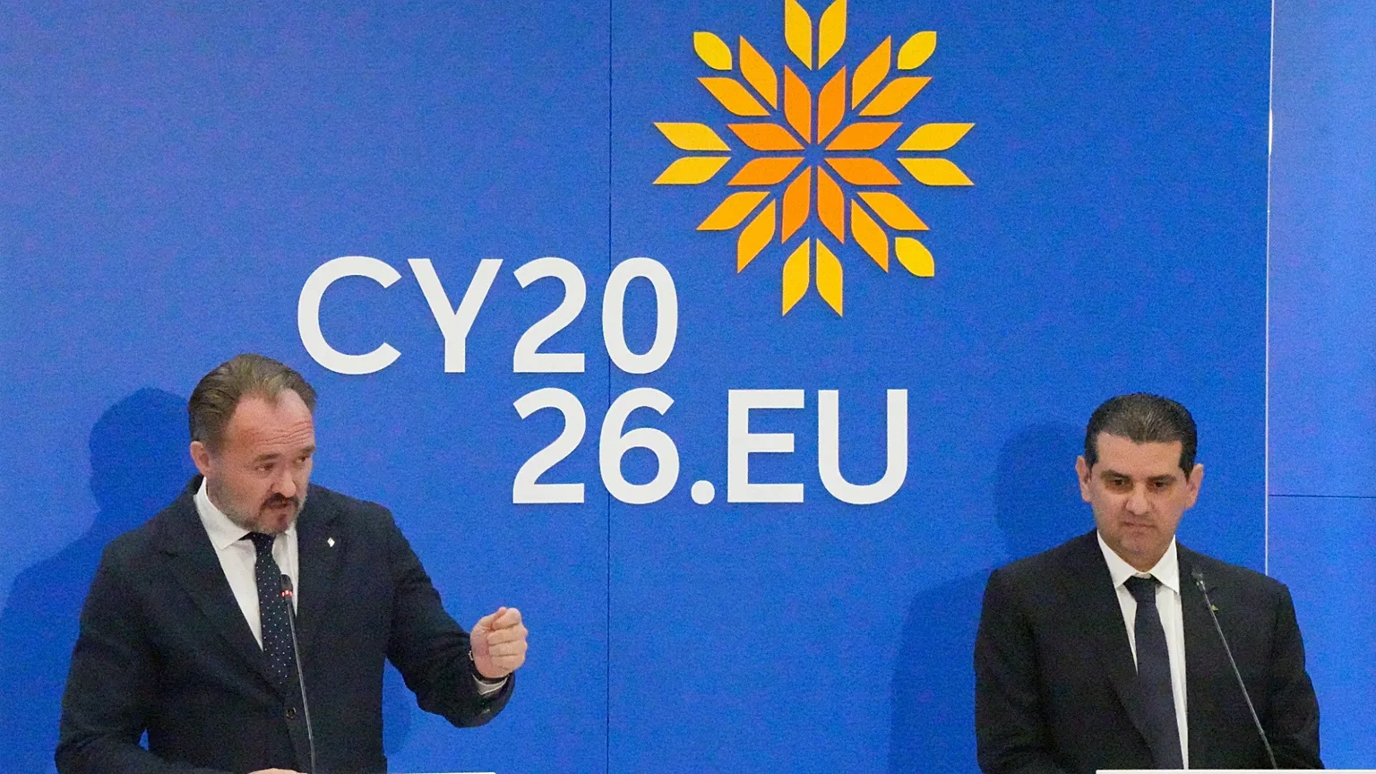 European Energy Commissioner Dan Jørgensen and Cyprus' Energy minister Michael Damianos during a press conference after an informal meeting of energy ministers in Cyprus.