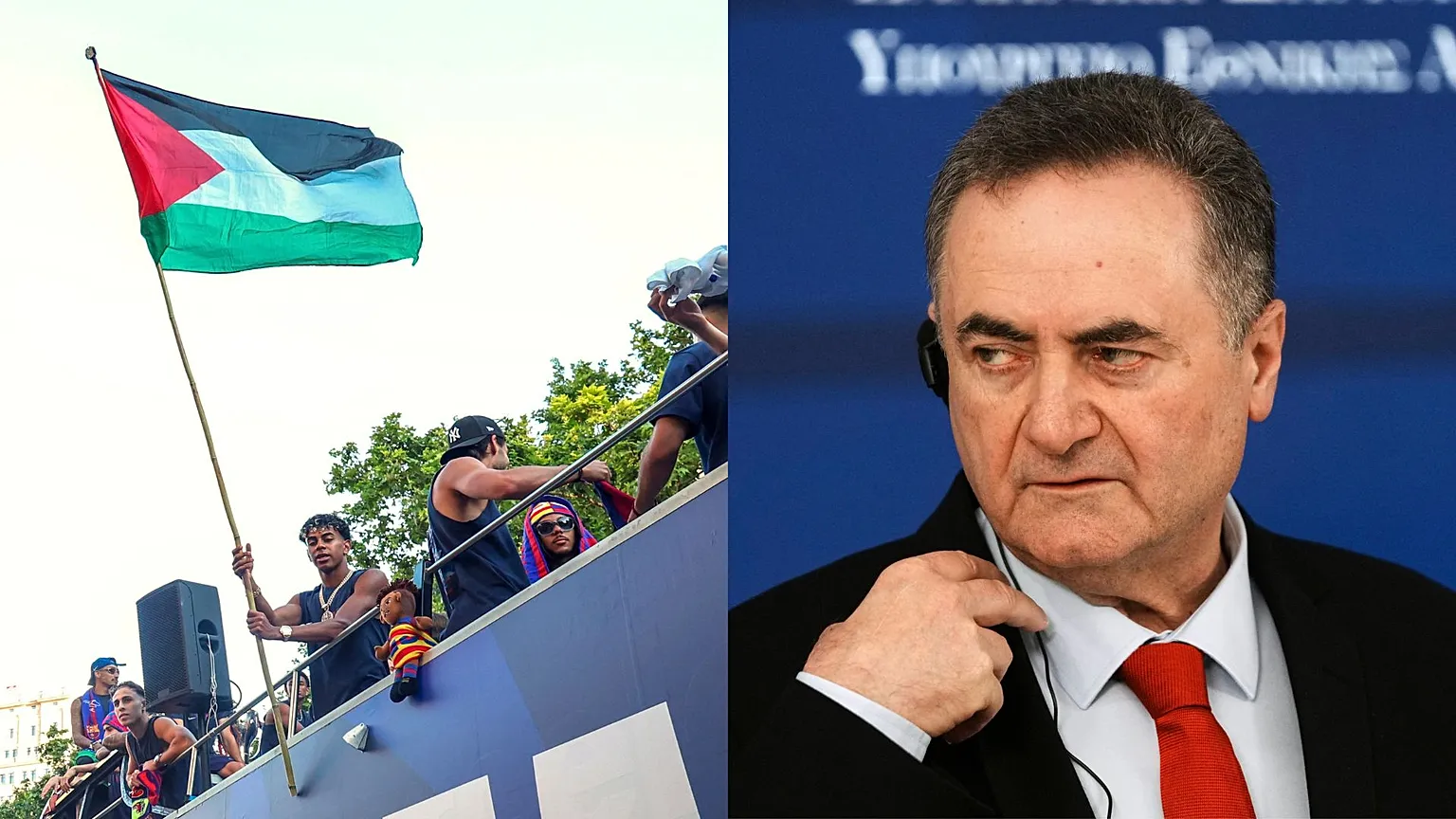 To the left, Lamine Yamal waving a Palestinian flag during Barcelona LaLiga celebrations. To the right, Israel Katz, the Israeli Minister for Defence 