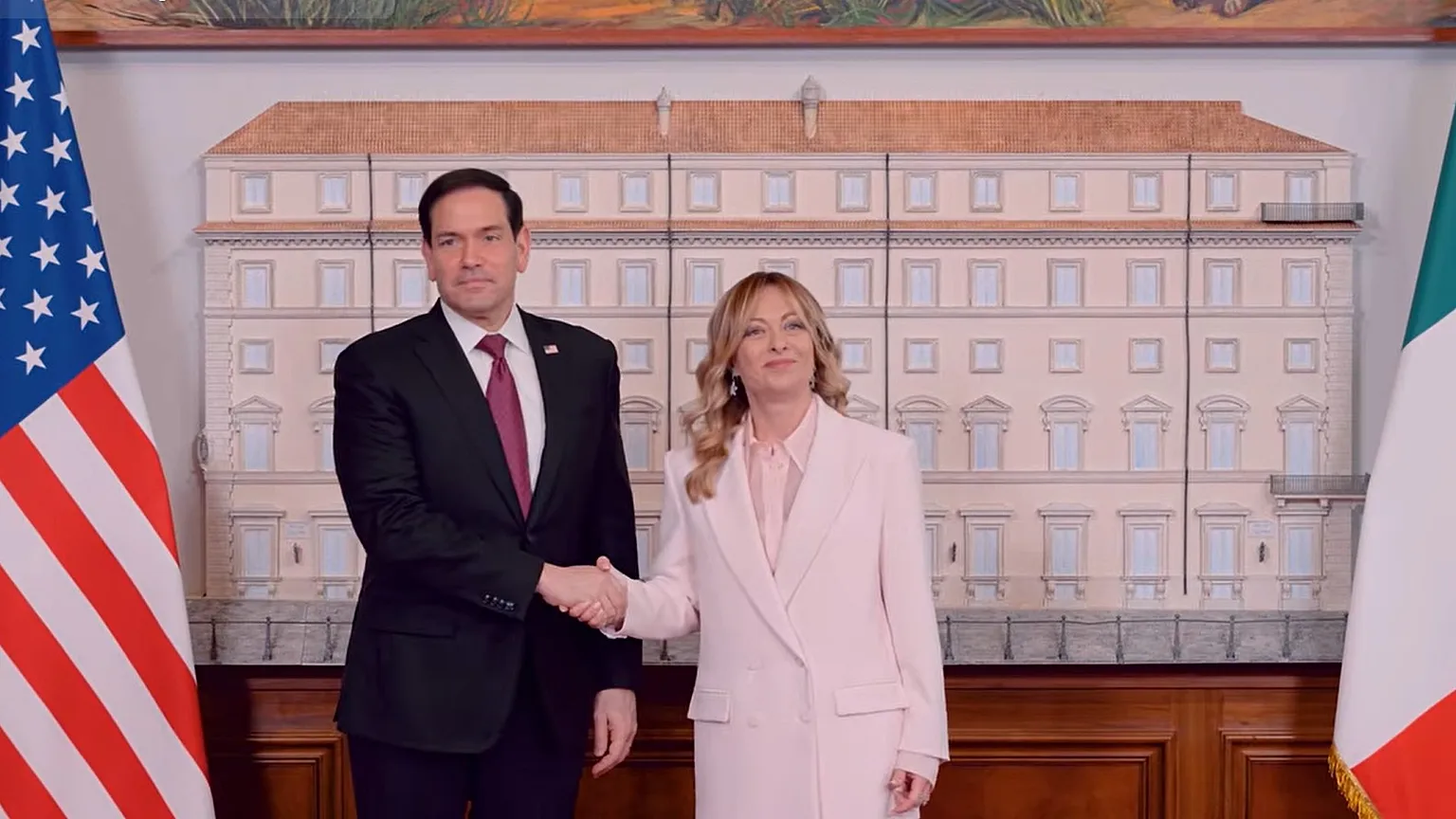 US Secretary of State Marco Rubio received in Rome by Prime Minister Giorgia Meloni at Palazzo Chigi
