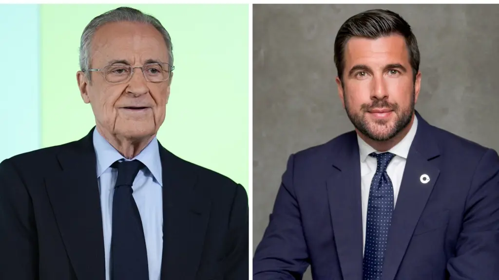 Florentino Pérez, a la izquierda de la imagen; Enrique Riquelme, a la derecha.