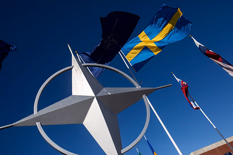 The Swedish flag flies outside NATO Allied Command Transformation in Norfolk, 11 March, 2024