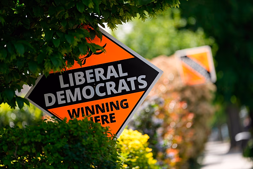 Liberal Democrats political sign put up by the householders to show support ahead of local council elections in London, 6 May, 2026